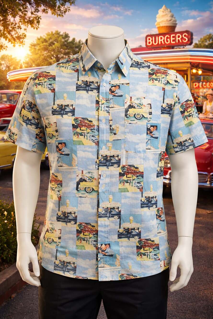 Saturday Evening Post Button Up Shirt 2XL Rockwell Motorcycle Diner Cars vintage